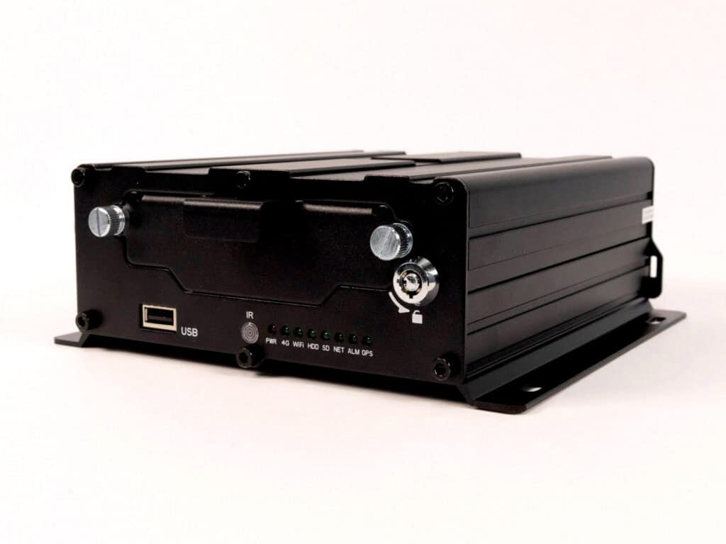 skEYE-One M1 12-channel hybrid mDVR supporting 8 AHD and 4 IP camera inputs for full vehicle coverage